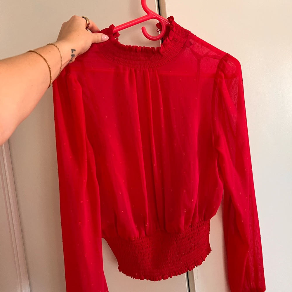 Express Pink/Red Smocked Blouse with Mandarin Collar